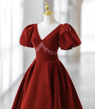 Burgundy A Line Puff Sleeves Velvet Long Prom Dress Evening Dress HZ1023