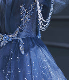 Dark Blue A Line Strapless Beaded Tulle Long Senior Prom Dress Evening Party Dress HZ1023