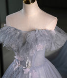 Gray A Line Off the Shoulder Appliques Tulle Long Prom Dress Evening Party Dress HZ1023