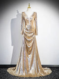 Shiny V Neck Long Sleeve Gold Sequins Long Prom Dress Evening Dress HZ1023