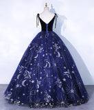 Navy Blue Spaghetti Straps Embroidery Tulle Long Prom Dress Formal Dress HZ1023