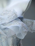 Grey Luxurious A Line Off the Shoulder Sequins Pearl Tulle Long Prom Dress Evening Dress HZ1023