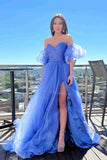 Elegant Blue A Line Off-the-shoulder Organza Prom Dress With Slit HZ1023