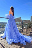 Elegant Blue A Line Off-the-shoulder Organza Prom Dress With Slit HZ1023