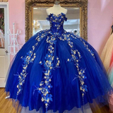 Royal Blue Ball Gown Quinceanera Dresses Off the Shoulder Beaded 3D FLowers Sweet 16 Dress Girls Party Gowns vestidos de quincea?era HZ1023