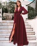Long Sleeve Burgundy Split Slit Prom Dress, Evening Party Gown HZ1023