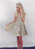 Cute gold lace v neck short prom dress, homecoming dress HZ1023