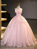 Elegant Strapless Light Pink Satin Ball Gown Prom Dress HZ1023