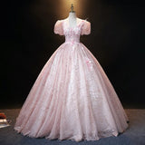 Pink Ball Gown Puff Sleeve Appliques Sequins Tulle Prom Dress HZ1023