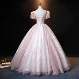 Pink Ball Gown Puff Sleeve Appliques Sequins Tulle Prom Dress HZ1023