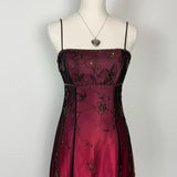 Vintage A Line Spaghetti Strap Beaded Black Chiffon Burgundy Satin Prom Dress Graduation Prom Dress HZ1023