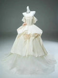Elegant A Line Off the Shoulder Ivory Satin Tulle Long Prom Dress Ball Gown HZ1023