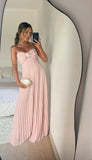 Gentle A Line Strapless Pink Chiffon Long Prom Dress Pleated Formal Party Gown HZ1023