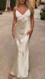 Simple Sheath Spaghetti Strap Ivory Satin Prom Dress Graduation Prom Dress HZ1023