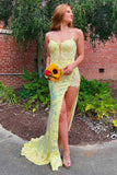Yellow Sheath V-neck Appliques Sequins Prom Dress With Slit HZ1023