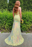 Yellow Sheath V-neck Appliques Sequins Prom Dress With Slit HZ1023
