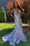 Light Purple Deep V Neck Sequin Mermaid Prom Dress HZ1023