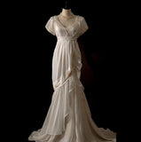 Gorgeous Mermaid Puffle Embroidery Pearl White Chiffon Prom Dress Evening Dress HZ1023