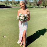 Sheath Spaghetti Strap Open Lace Up Back Sequin Satin Prom Dresses HZ1023