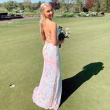 Sheath Spaghetti Strap Open Lace Up Back Sequin Satin Prom Dresses HZ1023