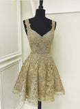 Cute gold lace v neck short prom dress, homecoming dress HZ1023
