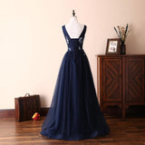 Charming Round Neck Beaded Navy Blue Tulle Prom Dress Evening Dress HZ1023