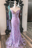 Mermaid V Neck Appliques Tulle Long Prom Dresses HZ1023