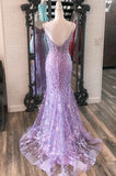 Mermaid V Neck Appliques Tulle Long Prom Dresses HZ1023