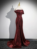Mermaid Off-the-shoulder Burgundy Satin Long Prom Dress With Slit HZ1023