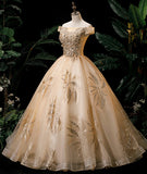 Gold A Line Off-the-shoulder Appliques Sequins Tulle Prom Dress HZ1023