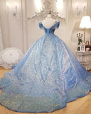 Blue Ball Gown Off-the-shoulder Sequins Quinceanera Dresses HZ1023