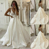White v neck satin lace long prom dress evening dress HZ1023