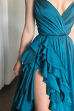 Elegant A Line Spaghetti Strap Ruffle Blue Satin Slit Long Prom Dress Graduation Prom Dress HZ1023