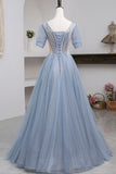 Blue Short Sleeve Tulle Floor Length Prom Dress with Beaded HZ1023