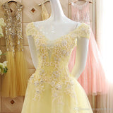 Yellow Tulle Off The Shoulder Lace Prom Dress HZ1023