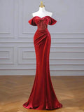 Burgundy Mermaid Off the Shoulder Velvet Sequins Long Prom Dress With Slit HZ1023