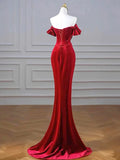 Burgundy Mermaid Off the Shoulder Velvet Sequins Long Prom Dress With Slit HZ1023